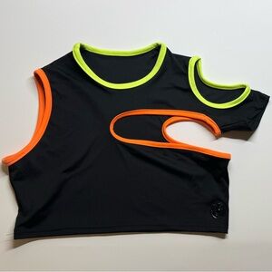 Cyberdog crop top. One size. Black with neon green and orange colours.